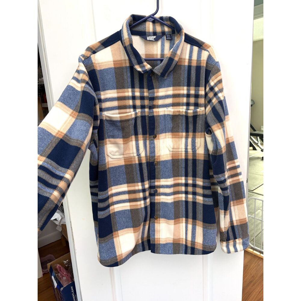 Lands End Mens Large Tall Fleece Shacket Shirt Jacket Snap Plaid Navy Blue Beige